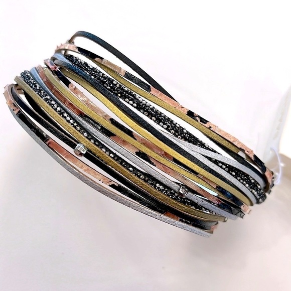 Brand New Multi-Strap Genuine Leather Wrap Magnetic Metallic Stack Bracelet - Picture 8 of 13